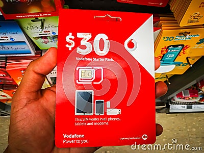 Vodafone sim card 30 dollar prepaid starter pack works in all phones, tablets and modems. Editorial Stock Photo